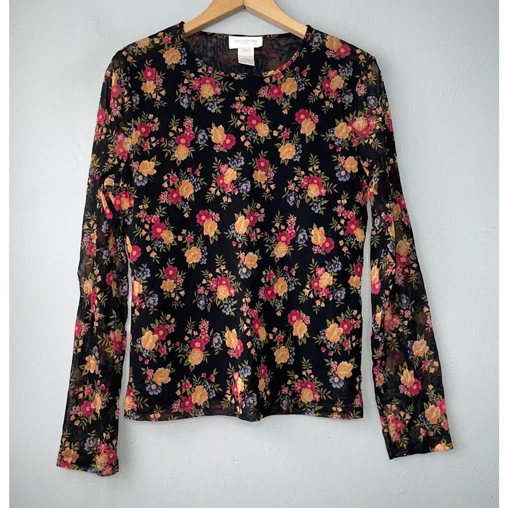 Jones New York Mesh Top Size Medium Black Floral Semi Sheer Dark Romantic Y2K
